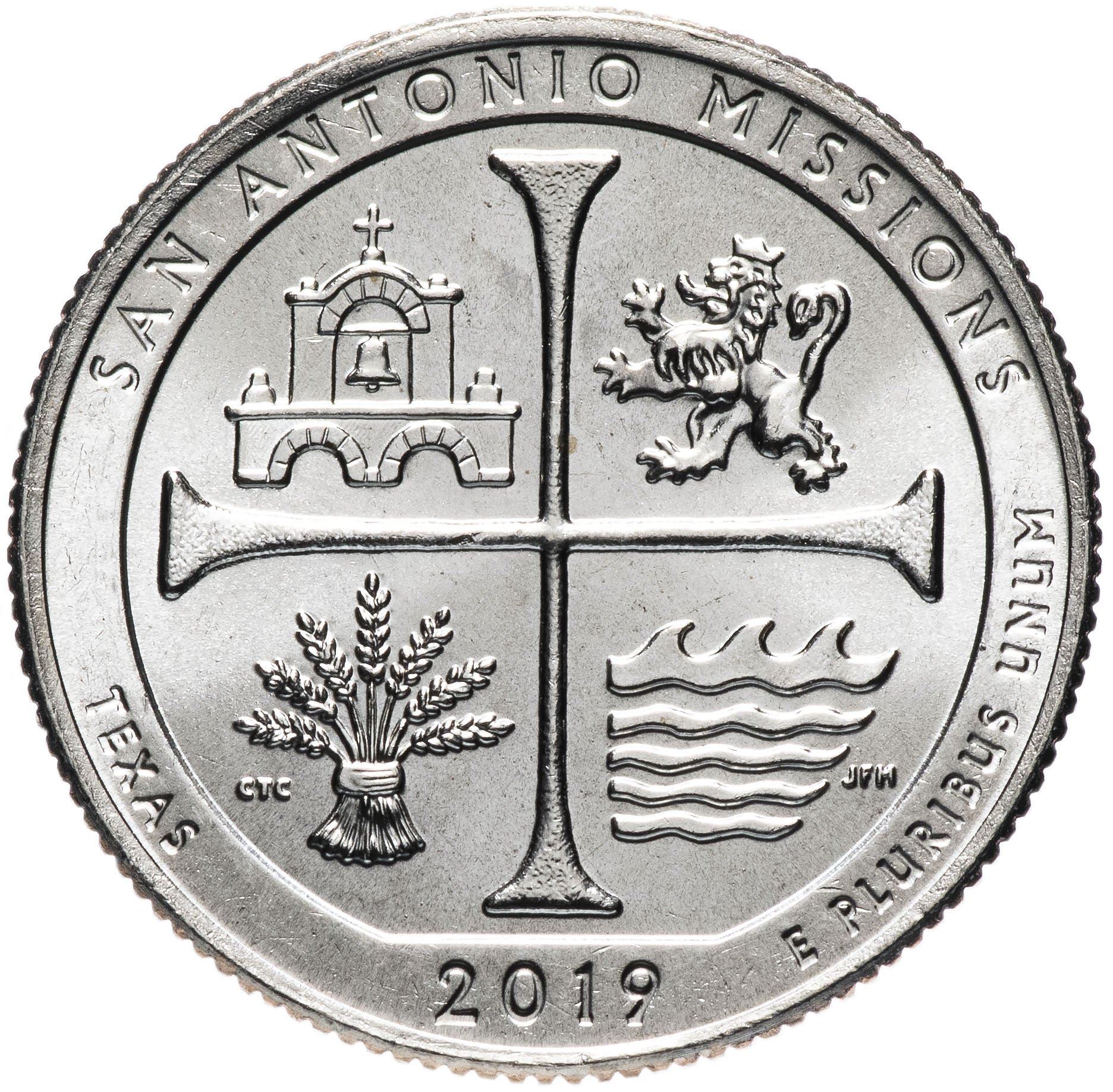 United States | ¼ Dollar | Copper-nickel clad copper | San Antonio Missions National Historical Park, Texas | KM:703 | 2019