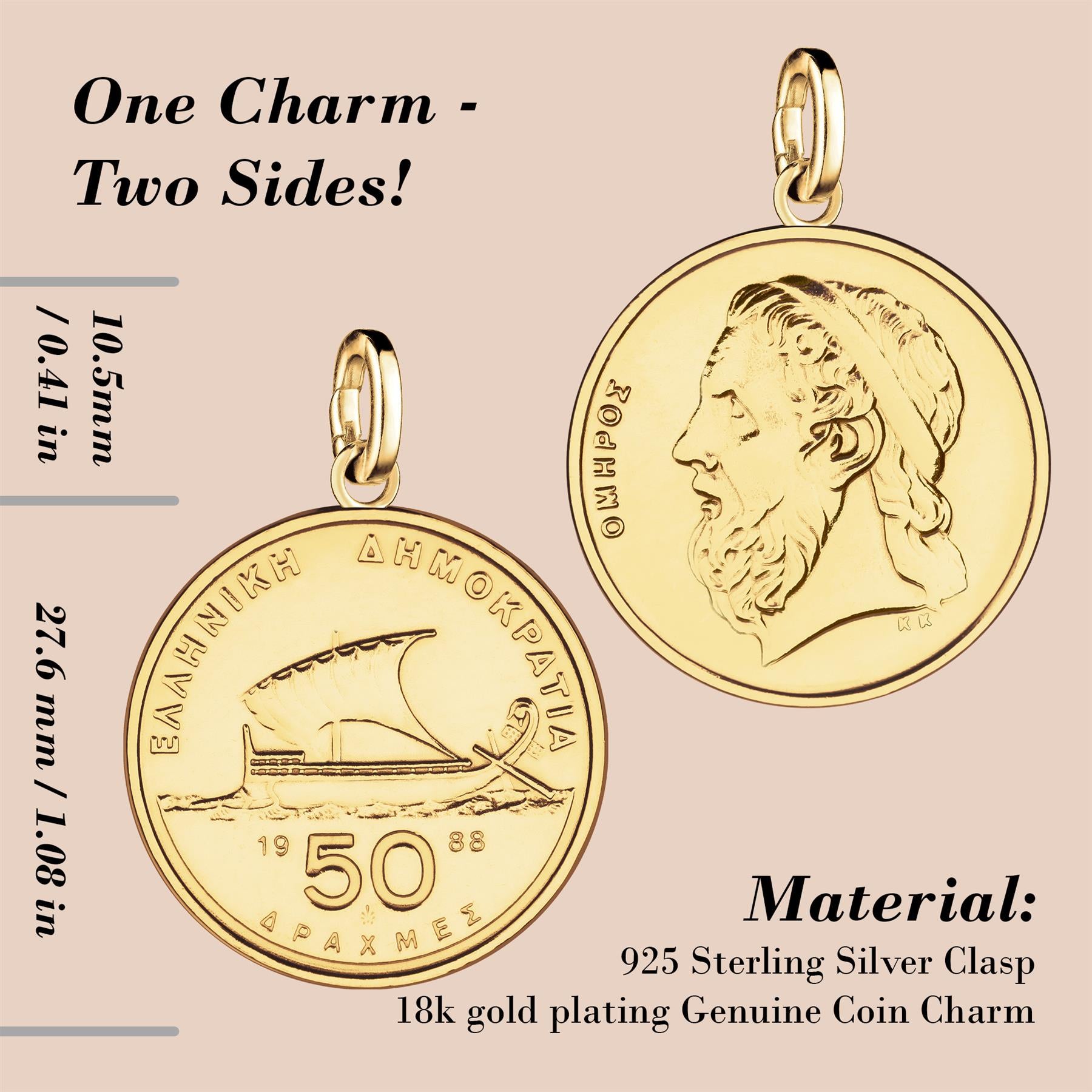 Greek 50 Drachmai Coin Charm | 925 Sterling Silver 18K Gold Plated | 1986 - 2000