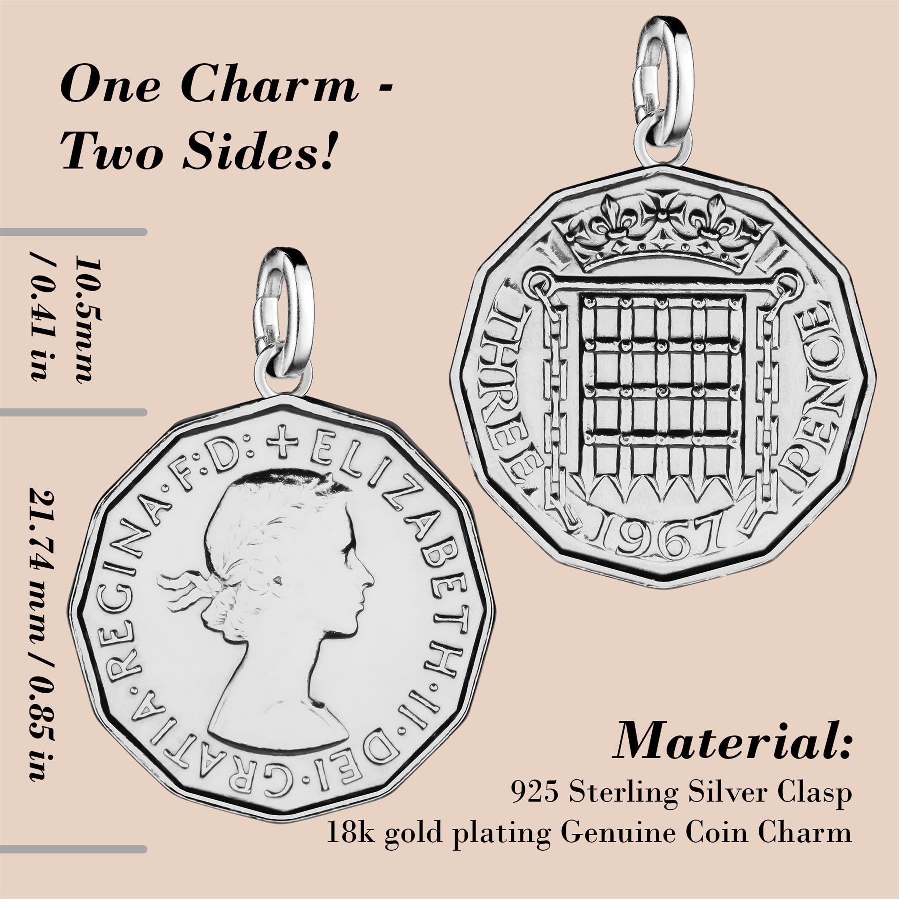 British 3 Pence Coin Charm | 925 Sterling Silver 18K Gold Plated | 1954 - 1970