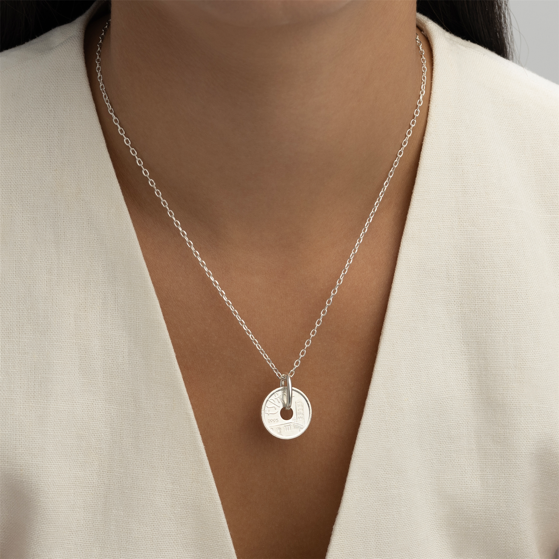 Spanish Coin Necklace | Medallion Pendant Jewelry | Rhodium Plated 5 Pesetas | Castile and Leon | 1995