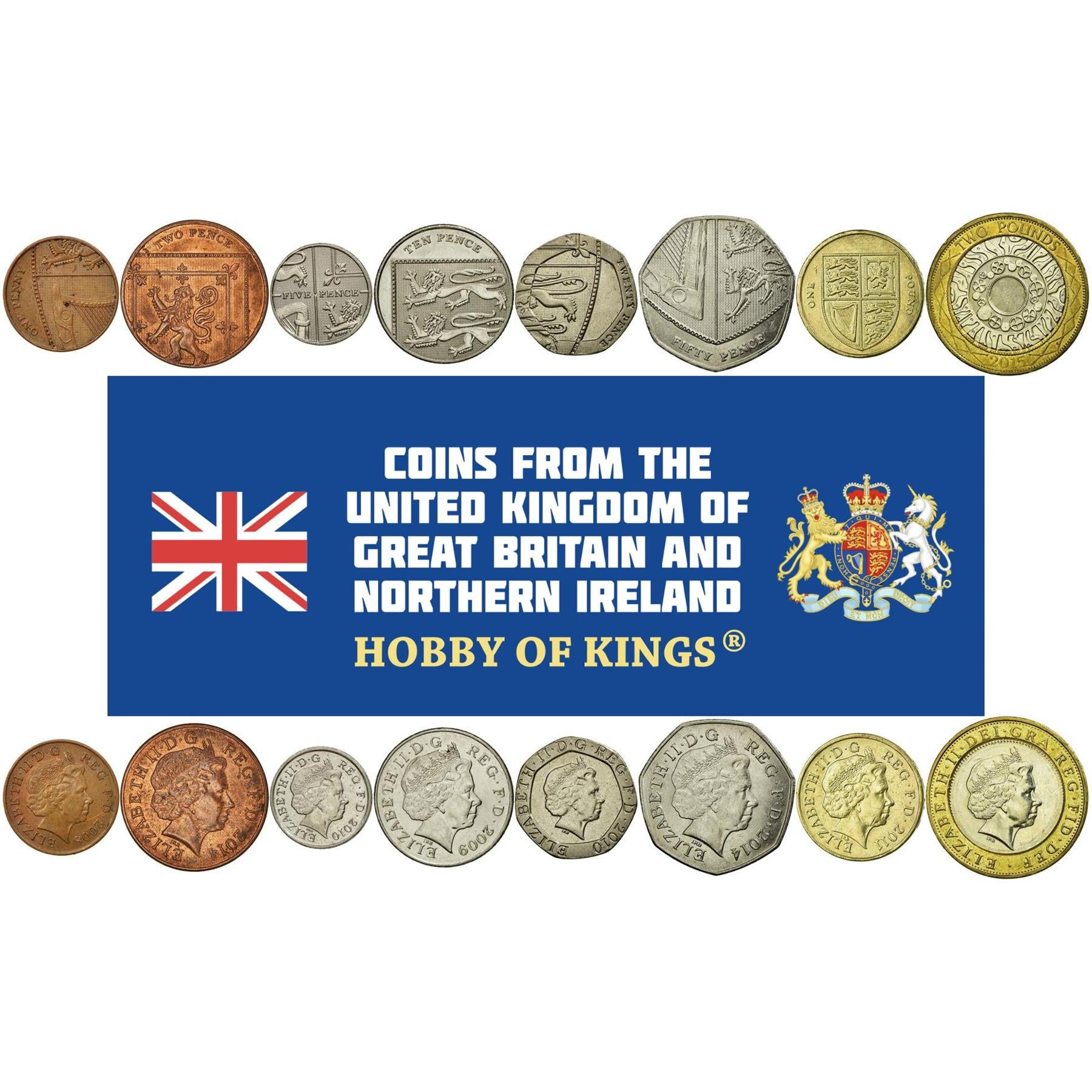 United Kingdom | 8 Coin Set | 1 Penny 2 5 10 20 50 Pence 1 Pound 2 Pounds | 2008 - 2015