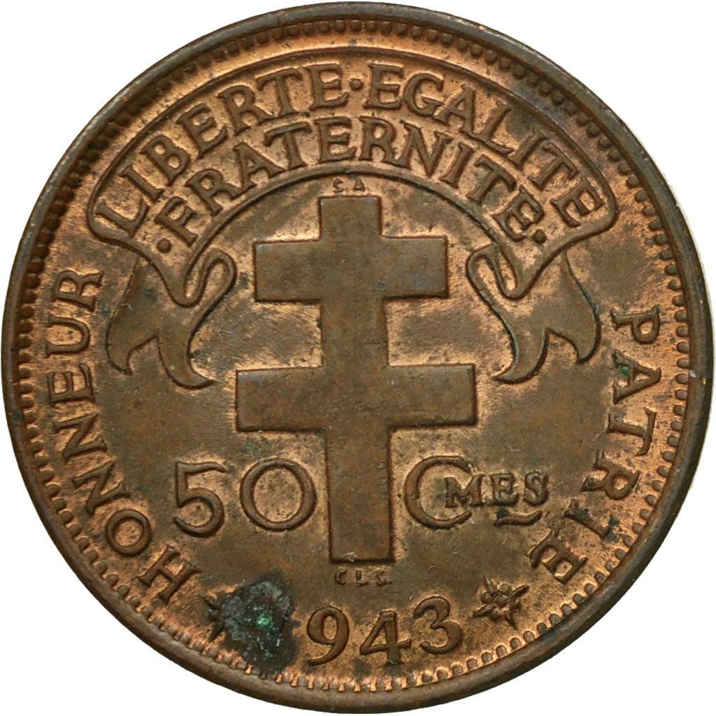 Madagascar | 50 Centimes Coin | Rooster | Lorraine Cross | Km:1 | 1943