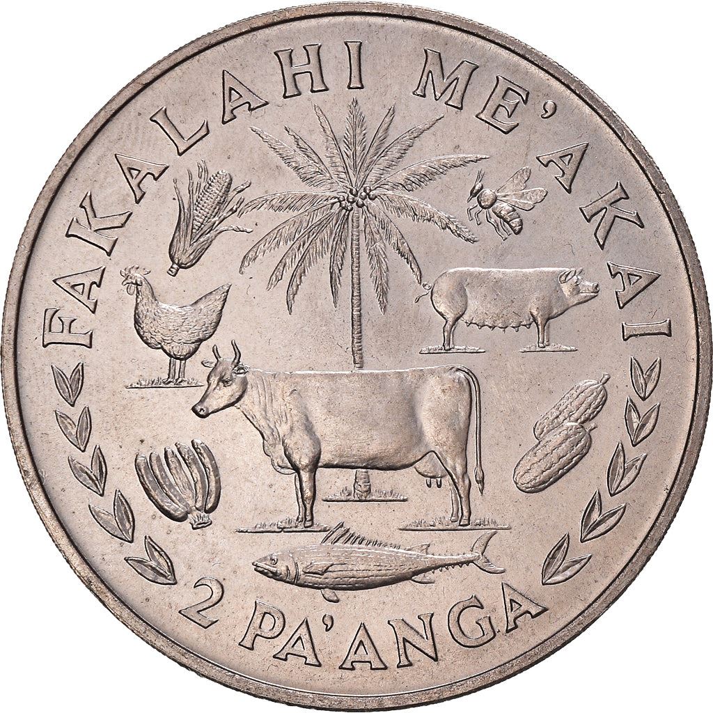 Tonga | 2 Pa'Anga Coin | King Tupou IV | FAO | Fish | Banana | Cow | Chicken | Pig | Palm Tree | Corn | Honey Bee | Watermelon | Km:49 | 1975 - 1977