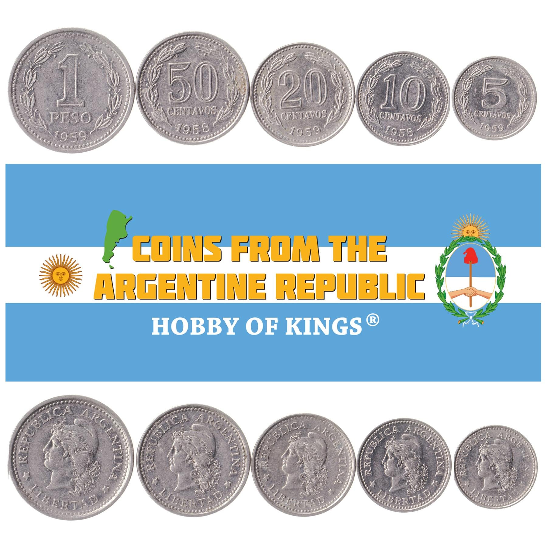 Argentine 5 Coin Set 5 10 20 50 Centavos 1 Peso | Marianne | Phrygian Cap | 1957 - 1962