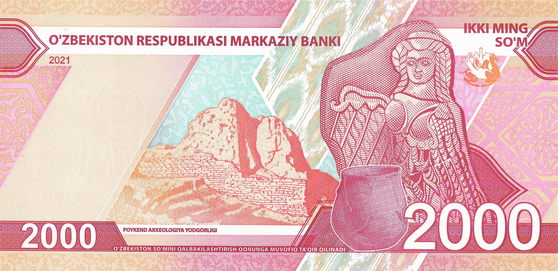 Uzbekistan | 2000 SoʻM Banknote | 2021 | Bukhara Arch | Caravan Routes | Map of Uzbekistan | Honatlas Textile | Varasha Ruins | Pot | Artifact