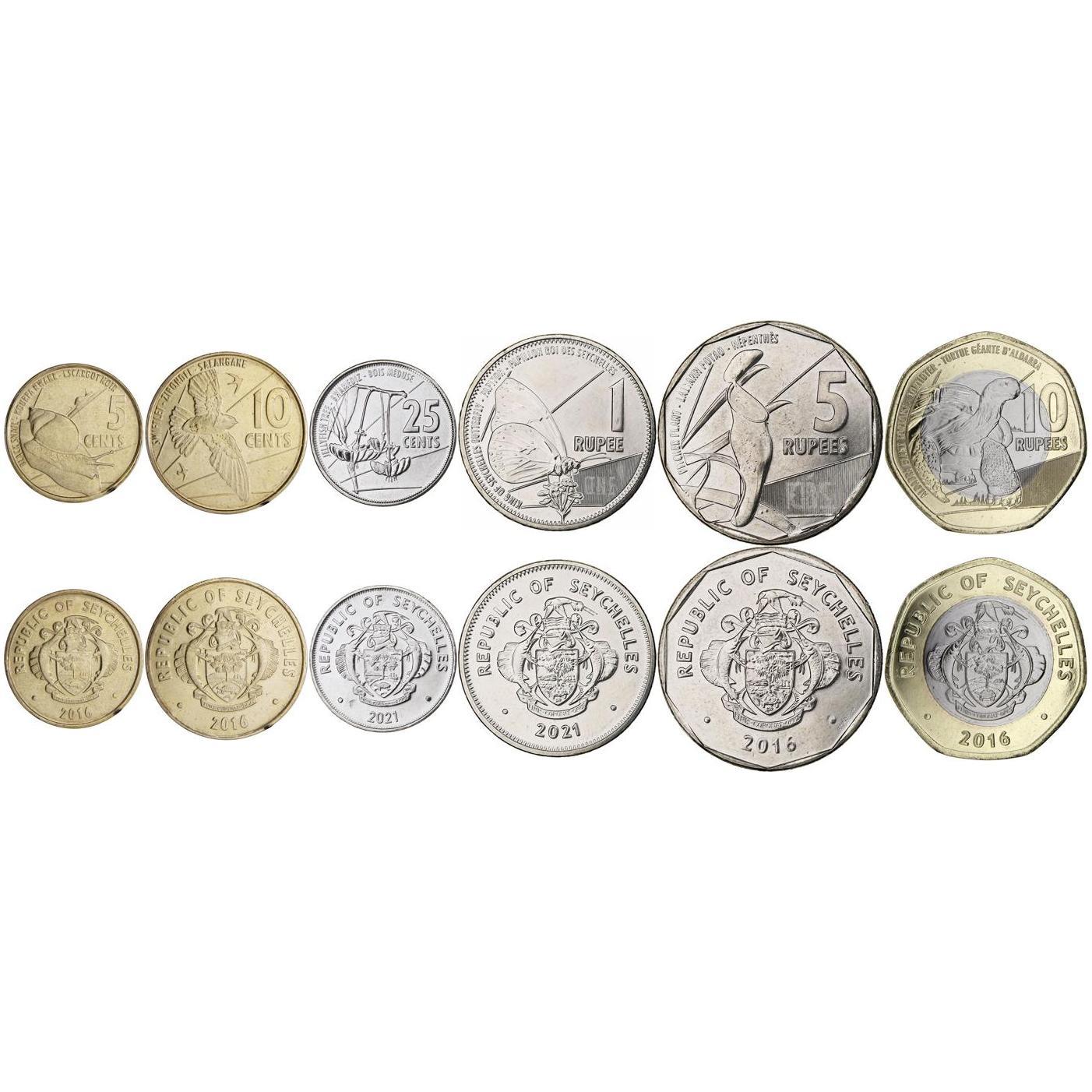 Set 7 Coins Seychelles 1 5 10 25 Cents 1 5 10 Rupees 2016 - 2018