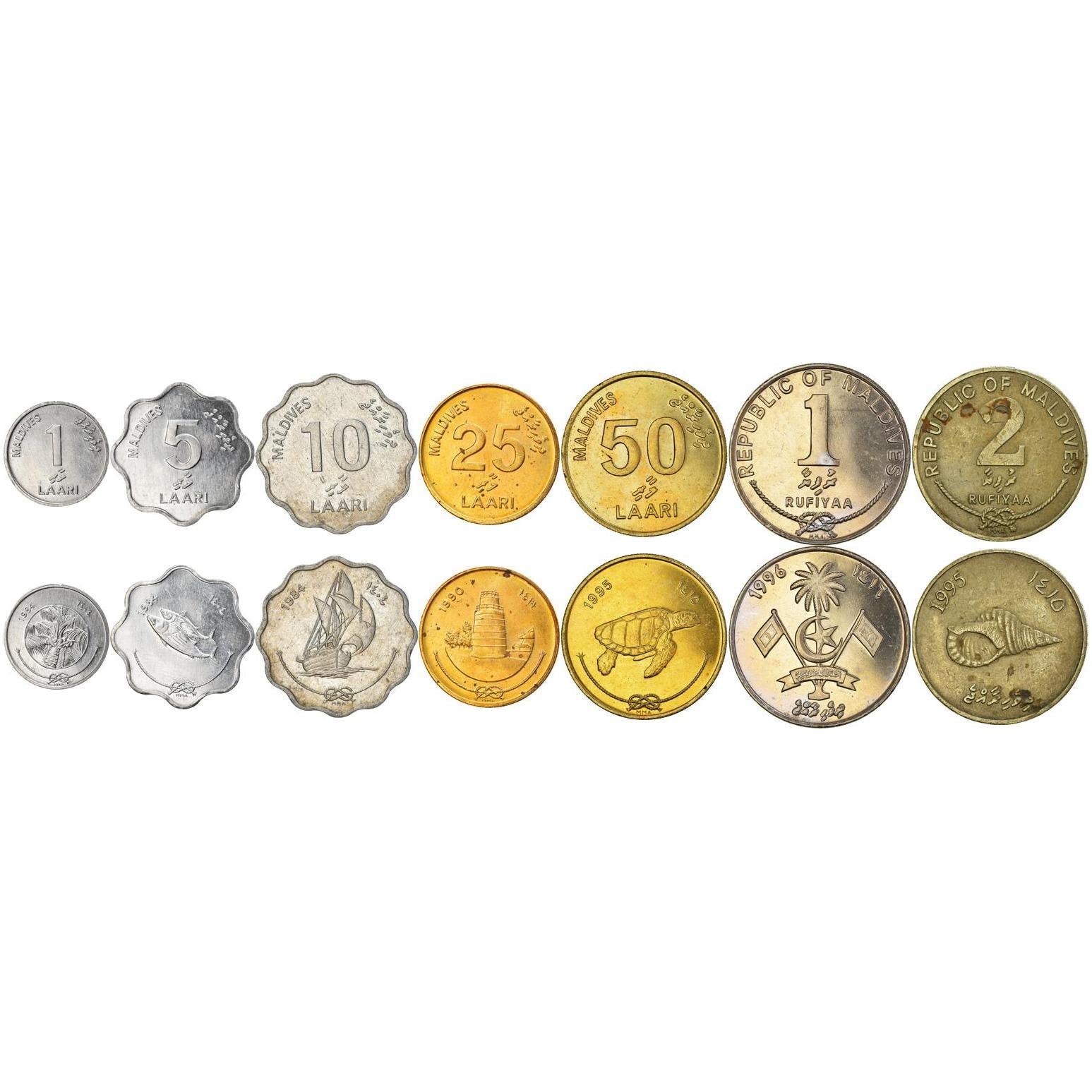 Maldivian 7 Coin Set 1 5 10 25 50 Laari 1 2 Rufiyaa | Bonitos | Loggerhead Sea Turtle | Malé Friday Mosque | Palm Tree | Sailing Boat | Conch Shell | Maldives | 1984 - 2001