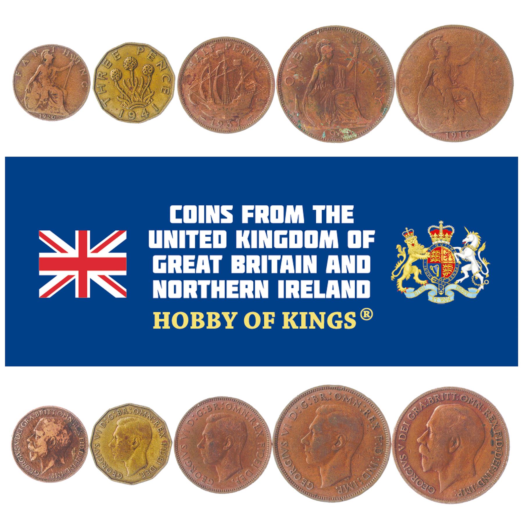 5 Old Coins From Great Britain United Kingdom Money 1838-1950 Kings And Queens