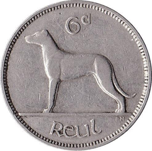 Irish 6 Pingin Coin | Celtic Harp | Irish Wolfhound | KM13 | 1939 - 1940