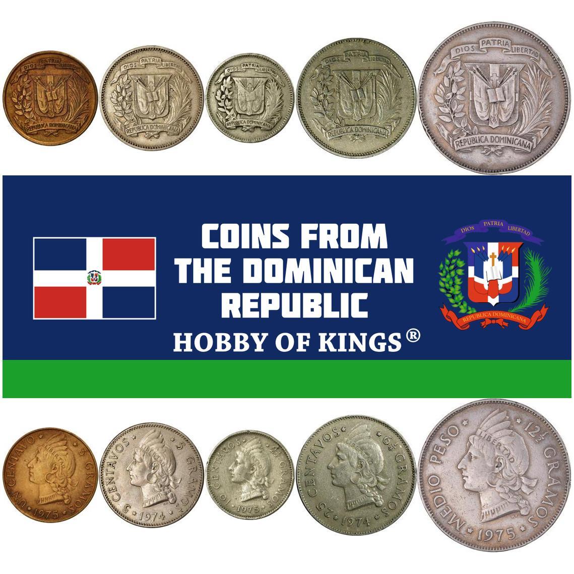 Dominican Republic | 5 Coin Set | 1 Centavo 5 10 25 Centavos 1/2 Peso | Indian | Liberty | 1967 - 1975