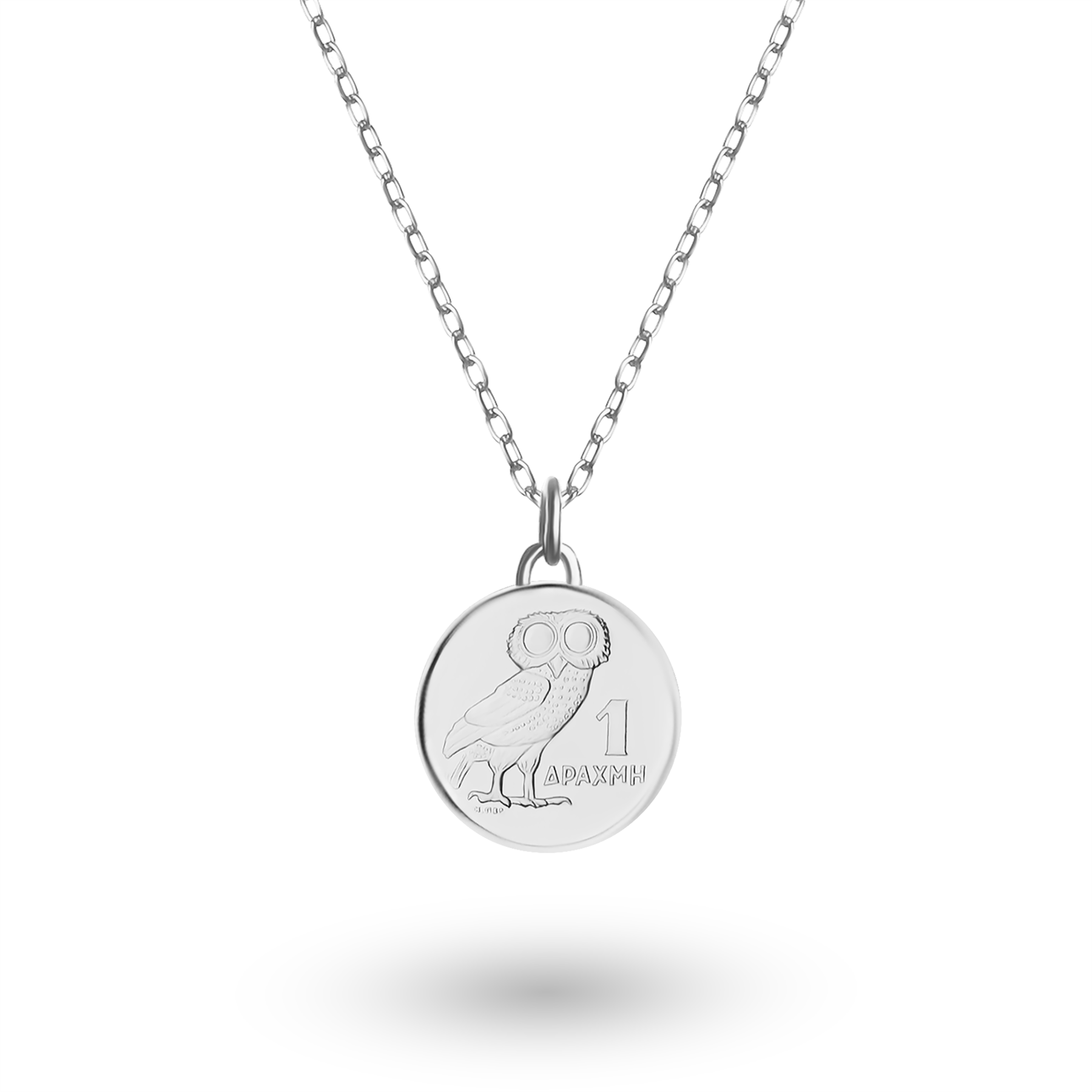 Rhodium Plated Genuine Greek 1 Drachma Coin Necklace | Medallion | Owl | 1973