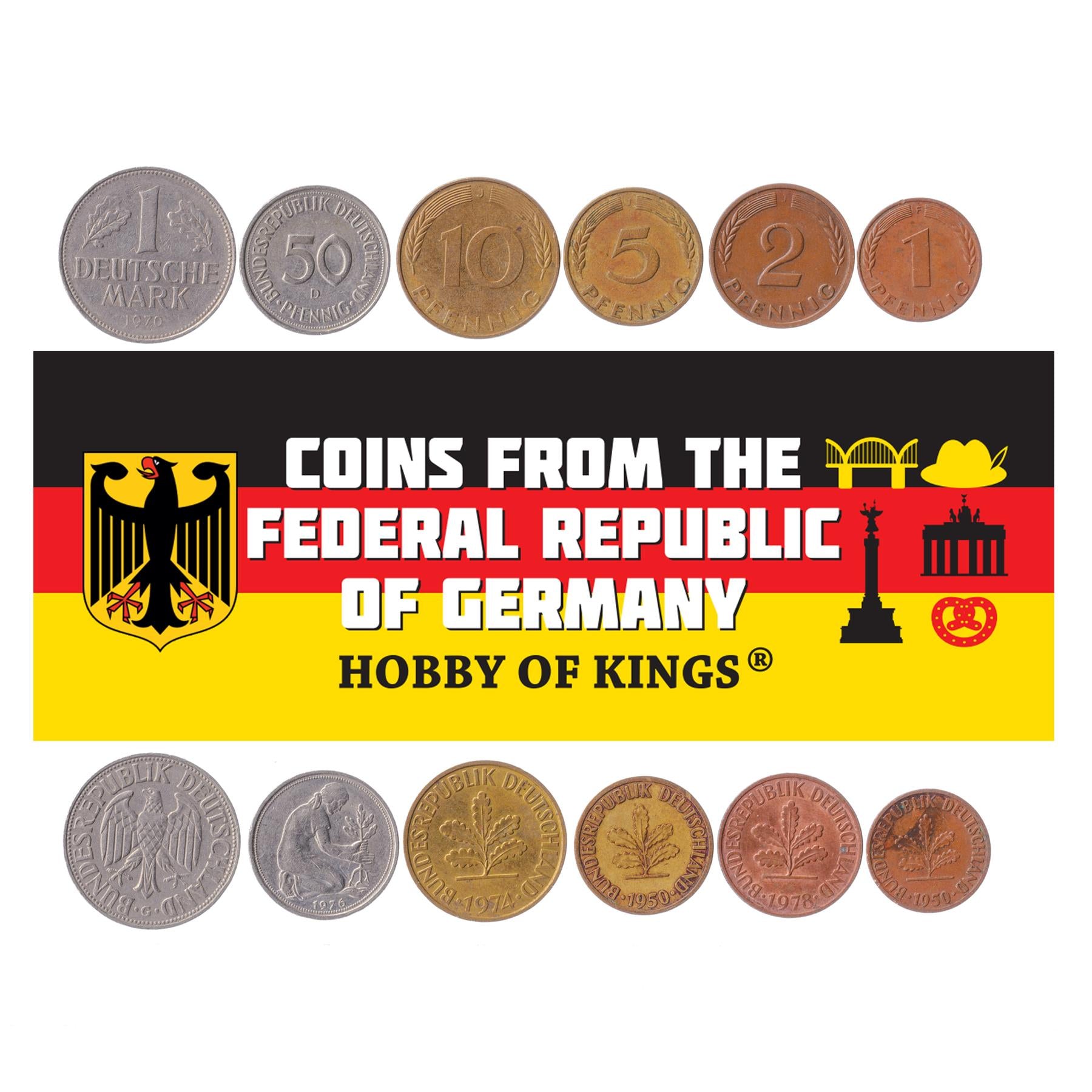 Federal Republic of Germany | 6 Coin Set | 1 2 5 10 50 Pfennig 1 Deutsche Mark | 1950 - 2001