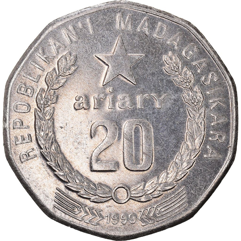 Madagascar | 20 Ariary Coin | Star | Tractor | Farmer | Km:24.2 | 1999