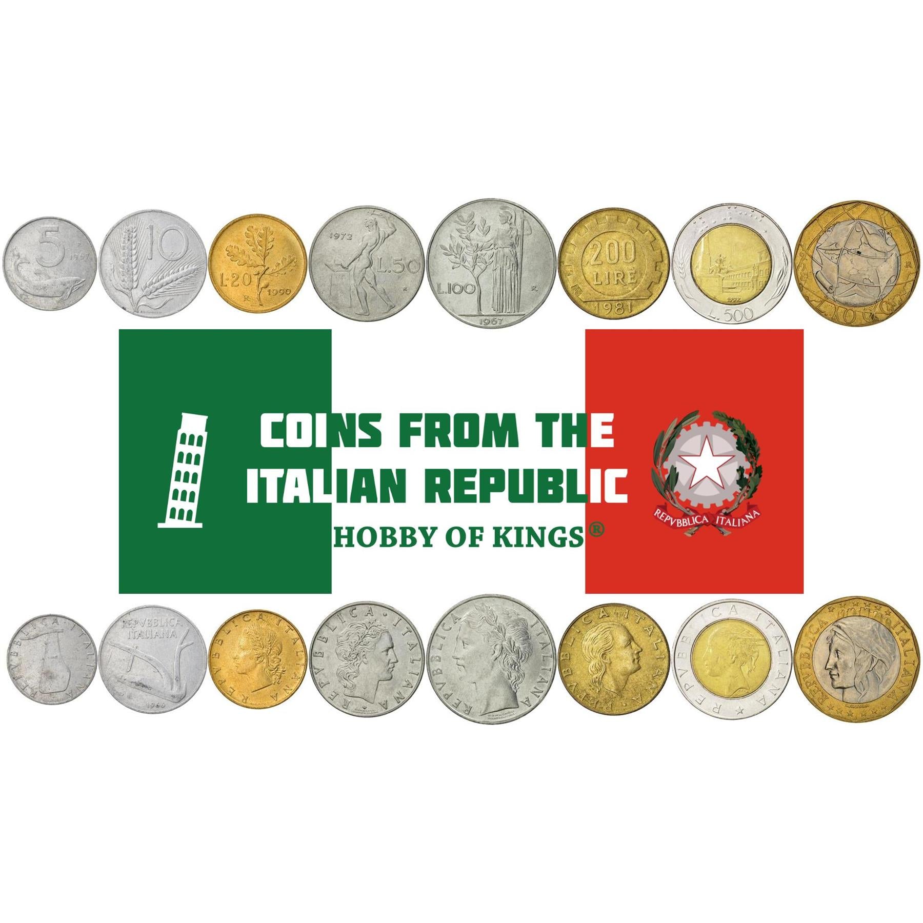 Italy | 8 Coin Set | 5 10 20 50 100 200 500 1000 Lire | 1951 - 2001