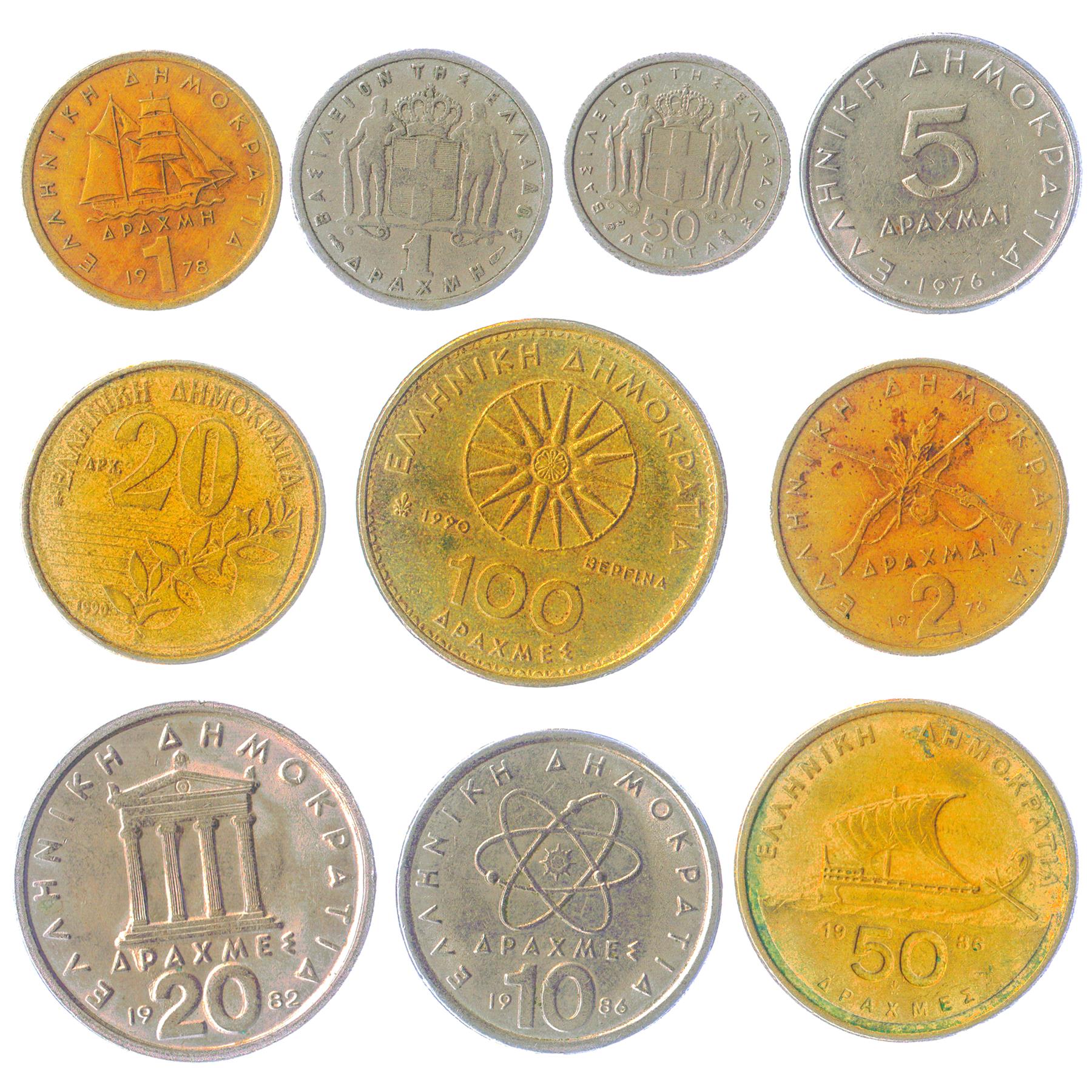 Greek 10 Mixed Coins | Greece | King Paul I | Constantine II | Lepta | Drachmes | 1954 - 2002