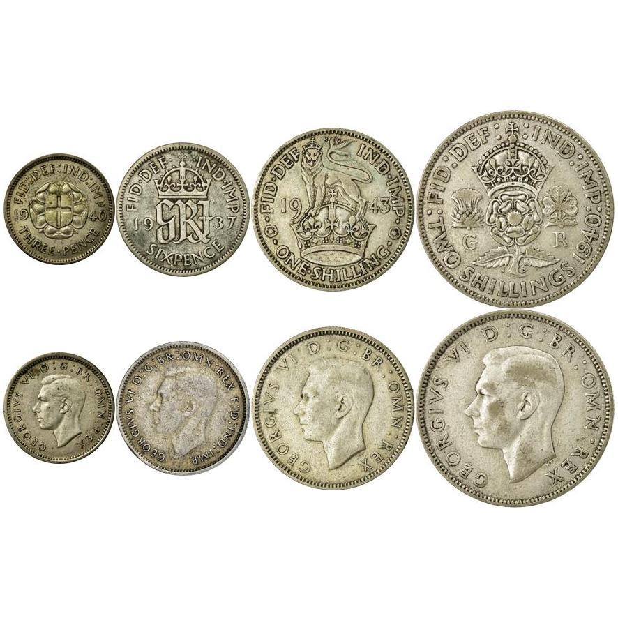 United Kingdom | 4 Coin Set | 3 6 Pence 1 Shilling 2 Shillings | 1937 - 1946