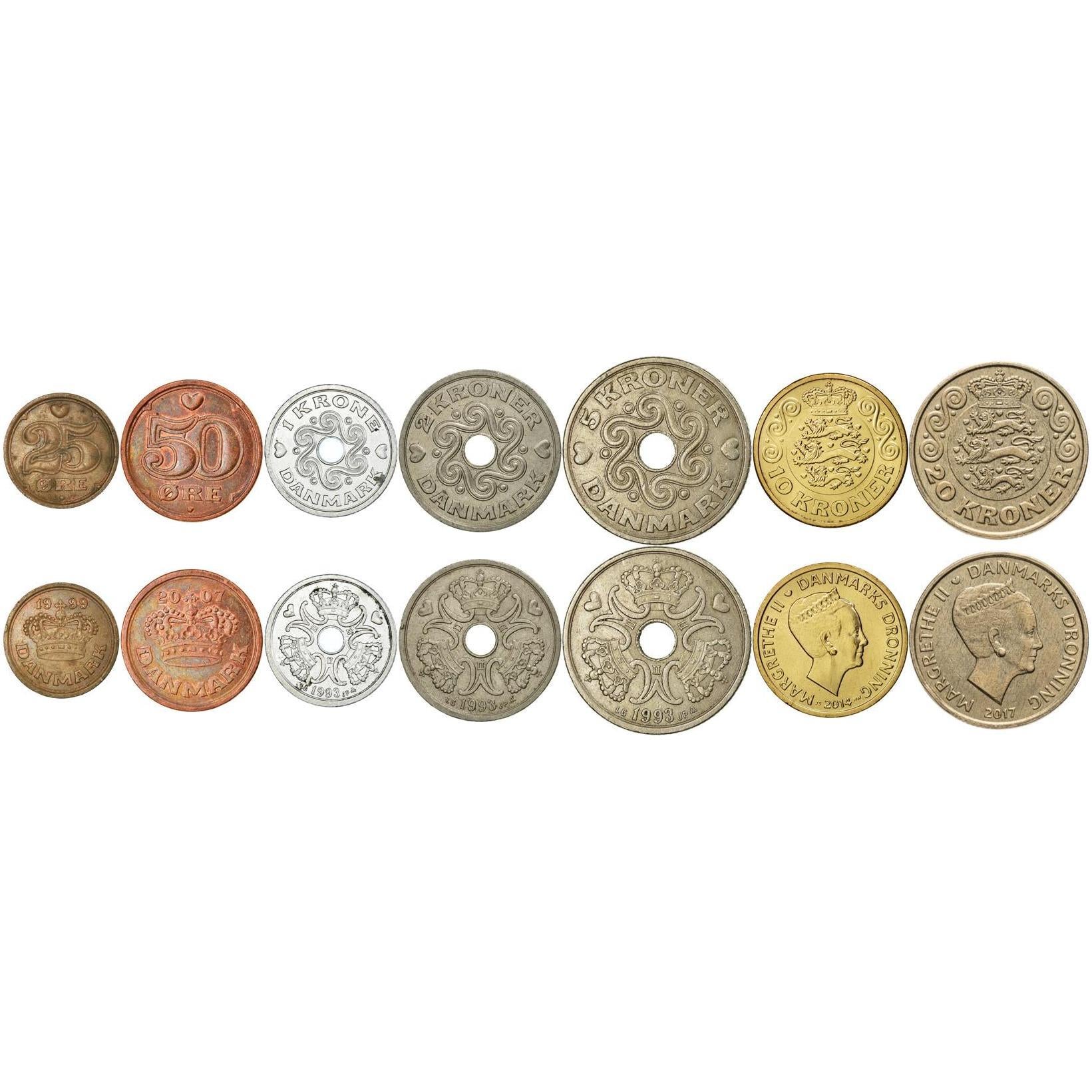 Denmark | 7 Coin Set | 25 50 Ore 1 Krone 2 5 10 20 Kroner | 1989 - 2021