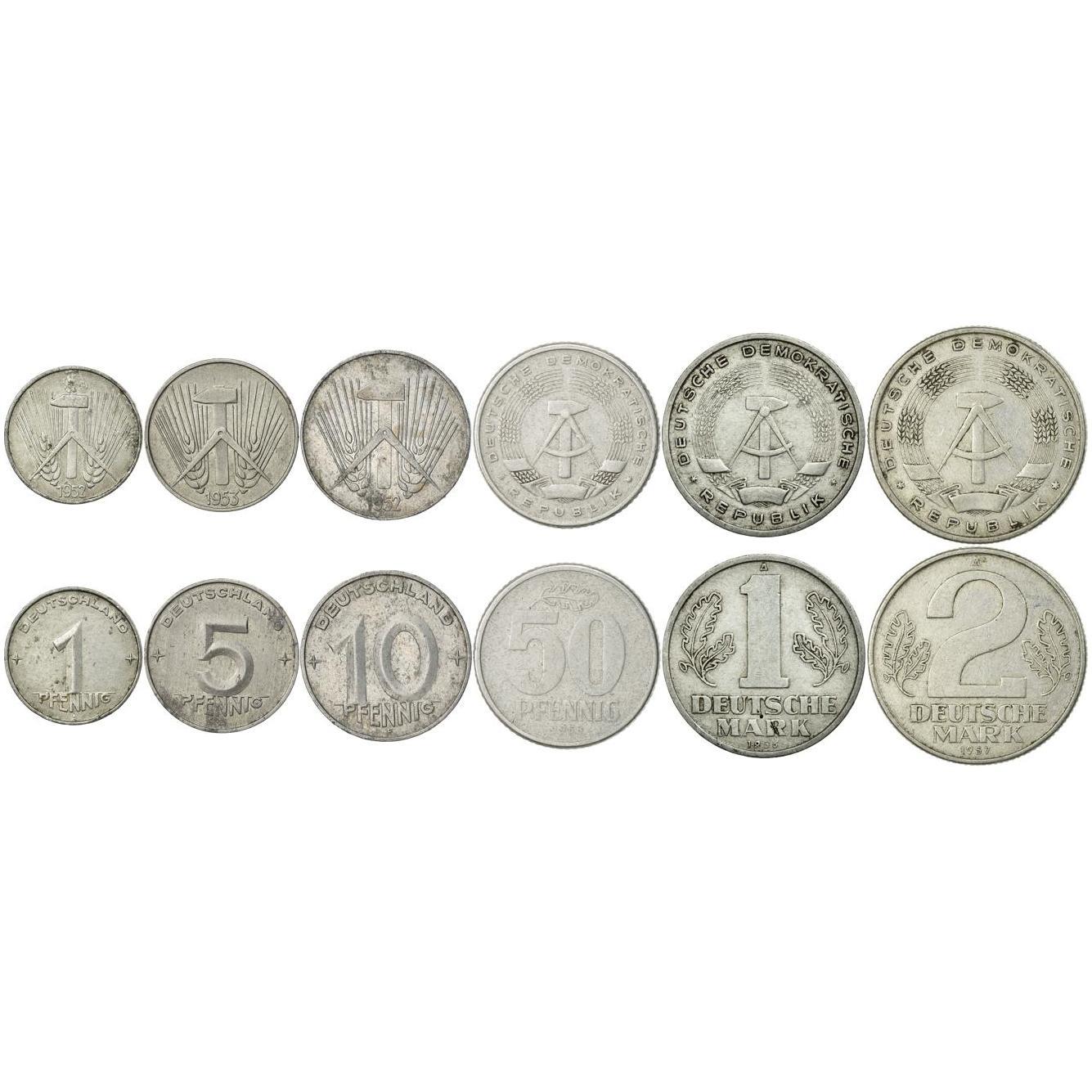 German Democratic Republic | 6 Coin Set | 1 5 10 50 Pfennig 1 Deutsche 2 Deutsche Mark | 1952 - 1963