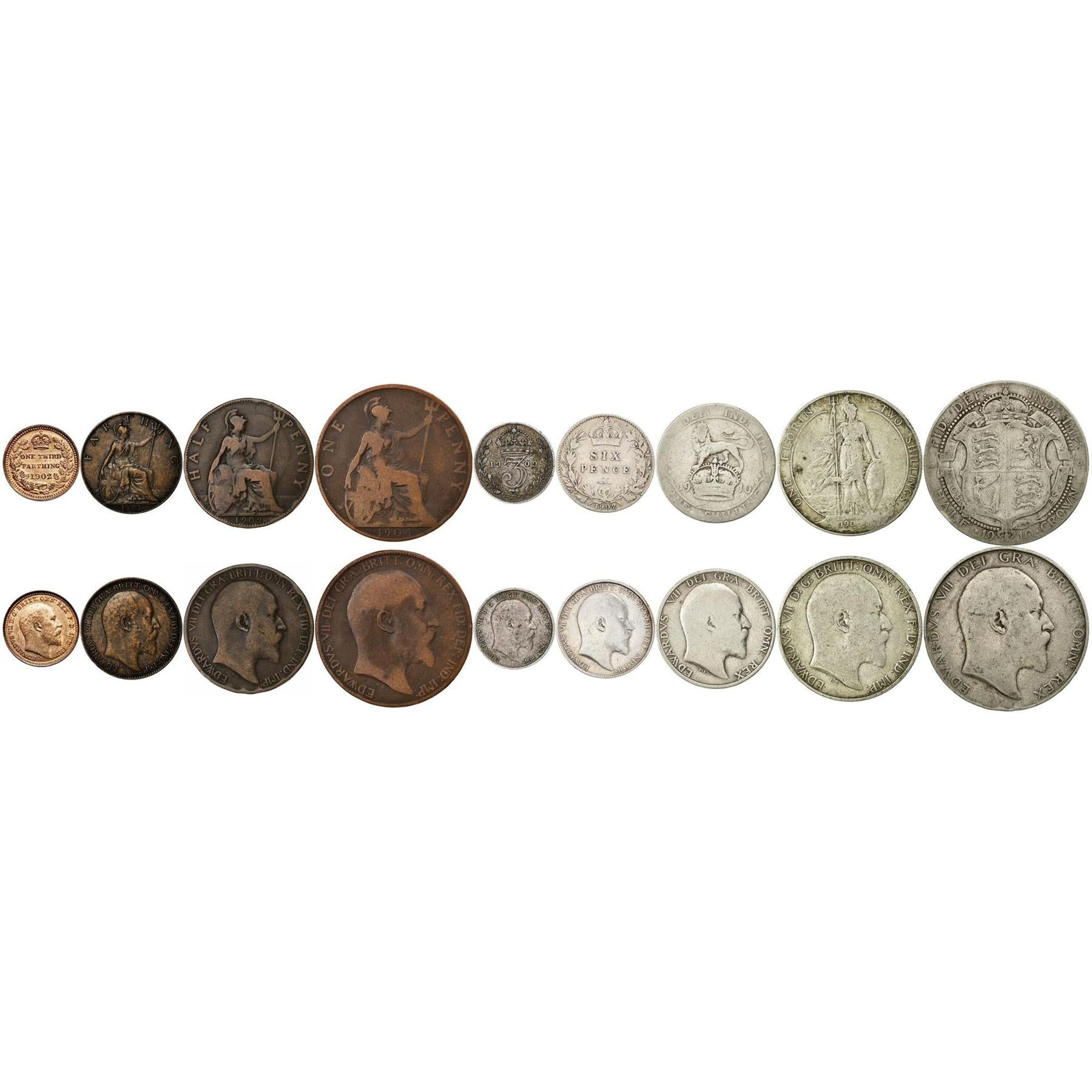 イギリス | 9枚硬貨セット | ⅓ 1ファーシング 1/2 1ペニー 3 6ペンス 1シリング 1フローリン 1/2クラウン | 1902年 - 1910年