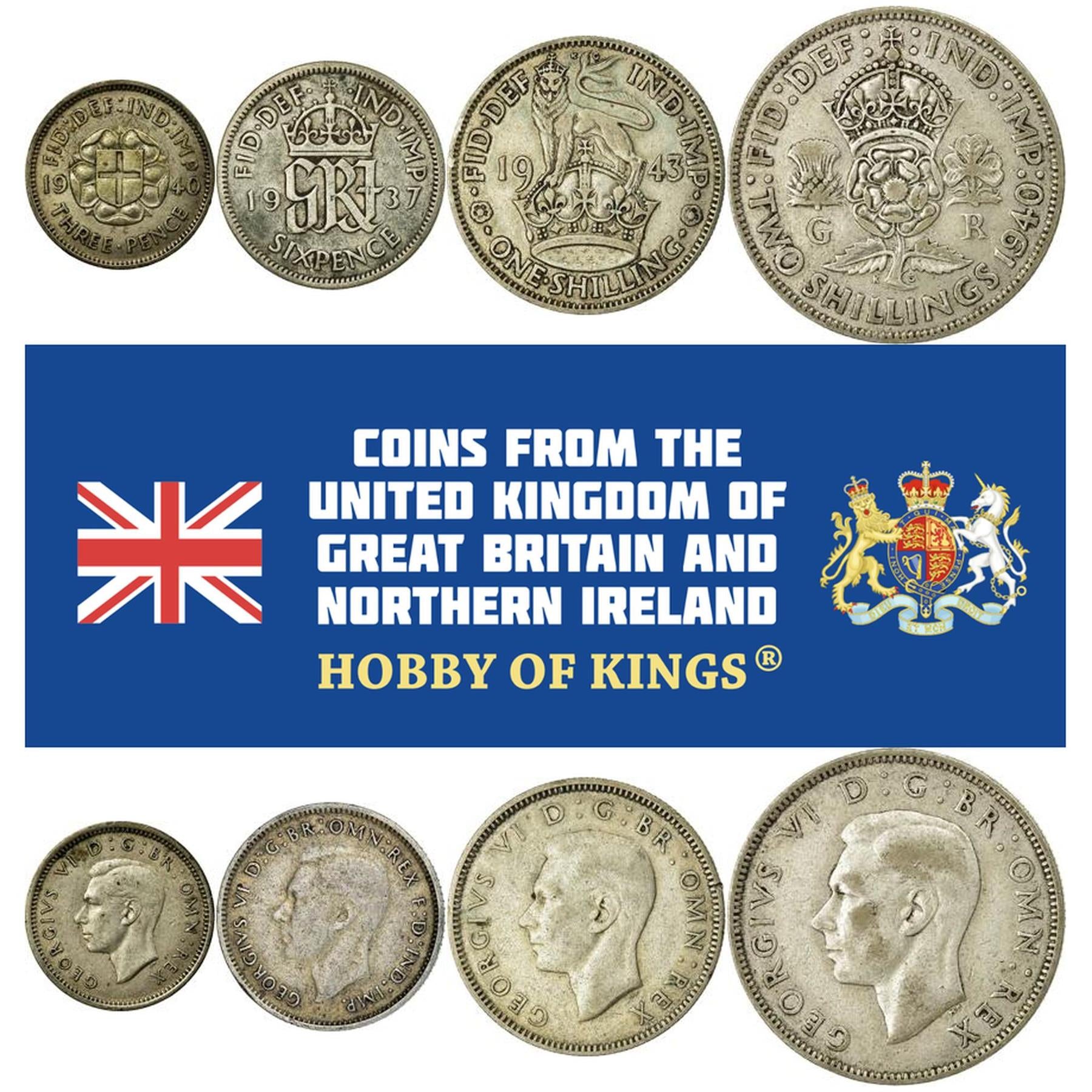 United Kingdom | 4 Coin Set | 3 6 Pence 1 Shilling 2 Shillings | 1937 - 1946