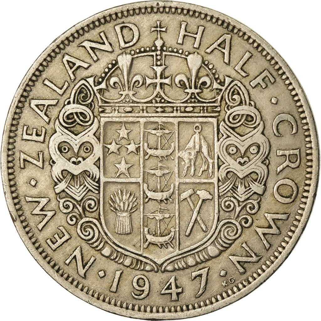 New Zealand | 1/2 Crown Coin | George VI | Crowned Shield | Maori Ornaments | Km:11A | 1947