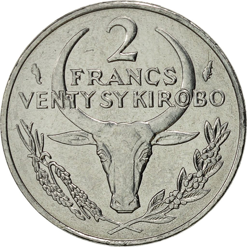 Madagascar | 2 Francs Coin | Zebu | Flower | Km:9 | 1965 - 1989
