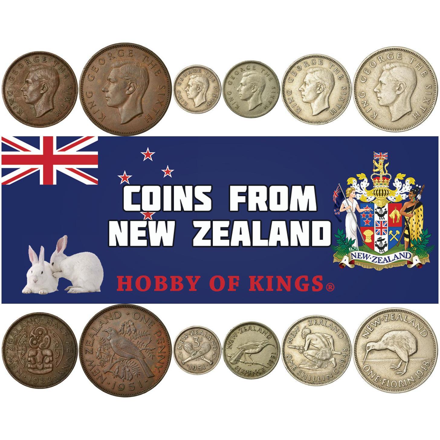 New Zealand | 6 Coin Set | 1/2 1 Penny 3 6 Pence 1 Shilling 1 Florin | 1948 - 1952