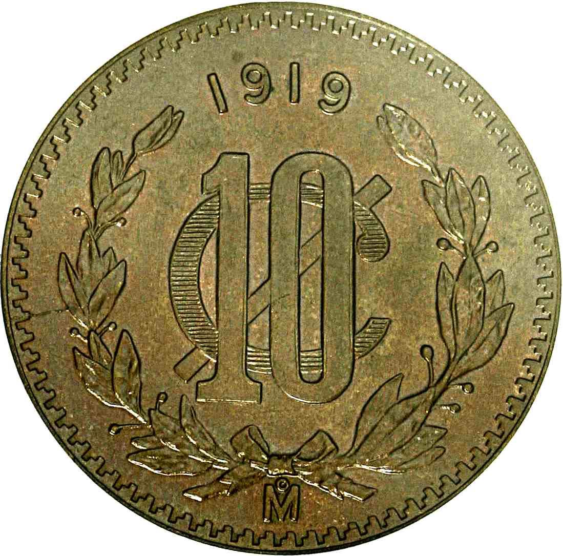 Mexico 10 Centavos Coin | Eagle | Shield | Snake | Chest | Lake | KM430 | 1919 - 1935