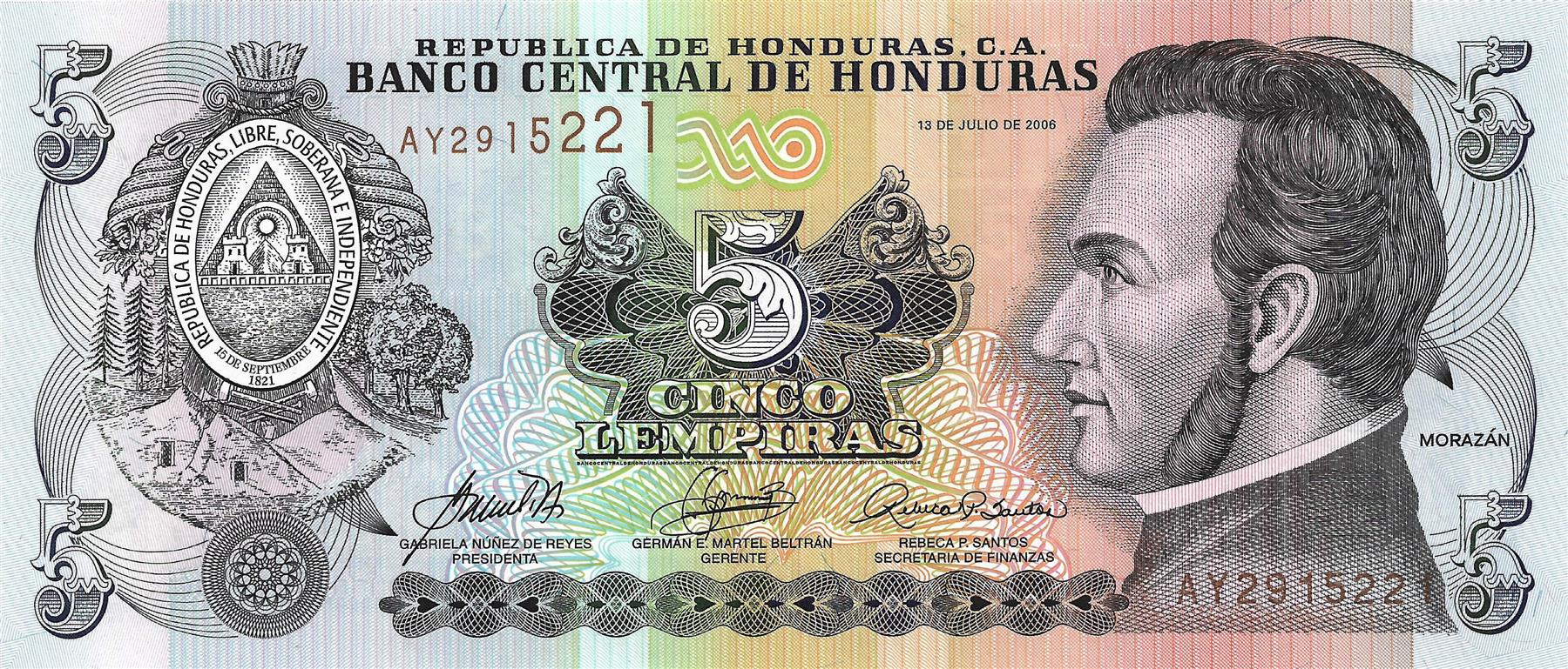 Honduras | 5 Lempiras Banknote | 2006 - 2010 | José Francisco Morazán Quesada | Battle of Trinidad