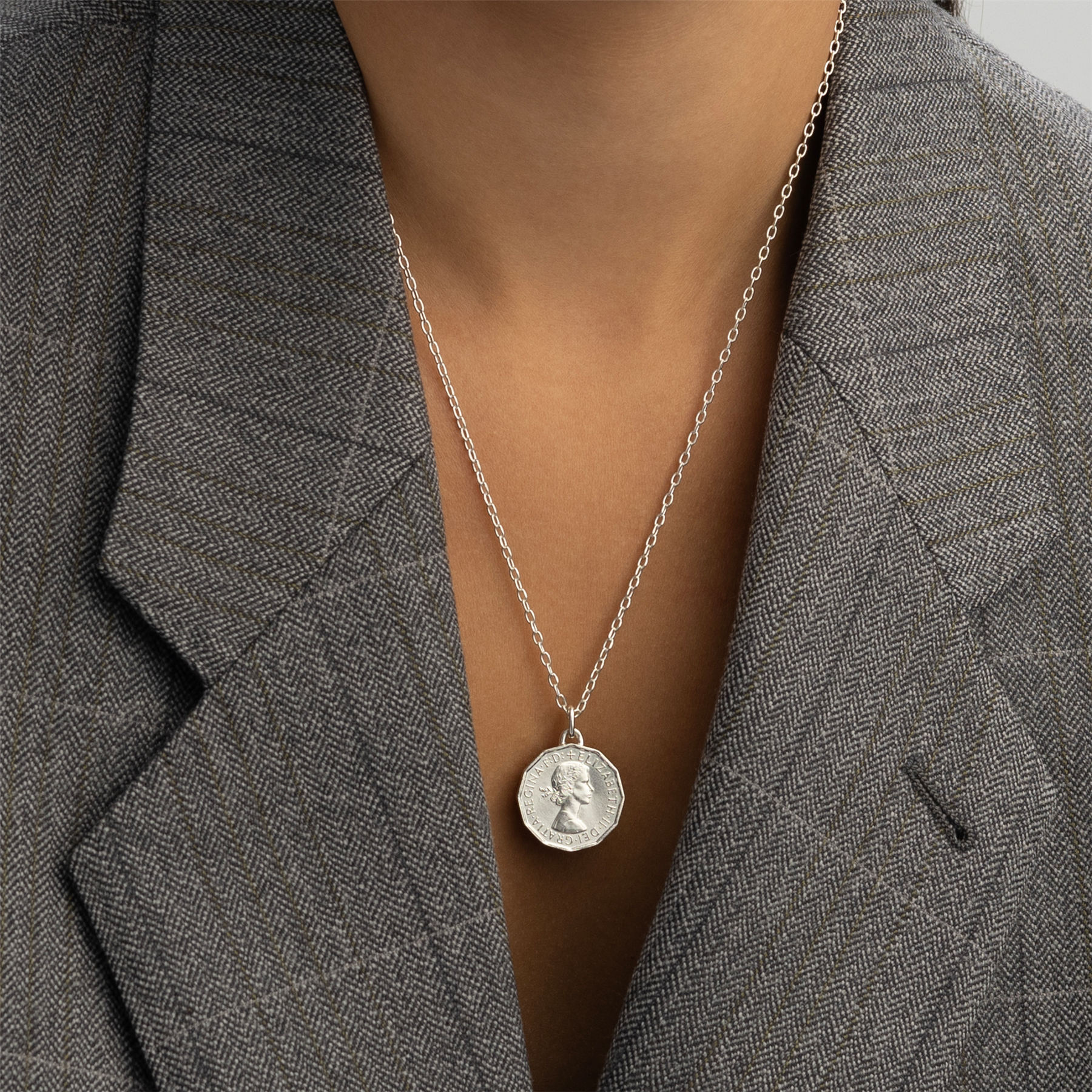 British Coin Necklace | Medallion Pendant Jewelry | Rhodium Plated 3 Pence | Queen Elizabeth II | 1954 - 1970