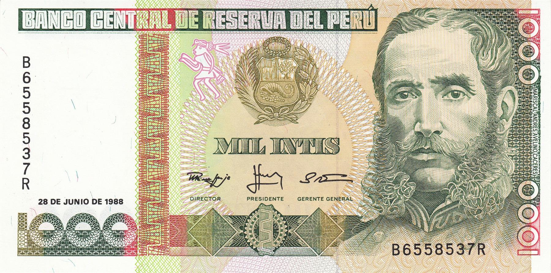Peru | 1000 Intis Banknote | 1986 - 1988 | Marshall Andres Avelino Caceres | Ruins of Chan Chan