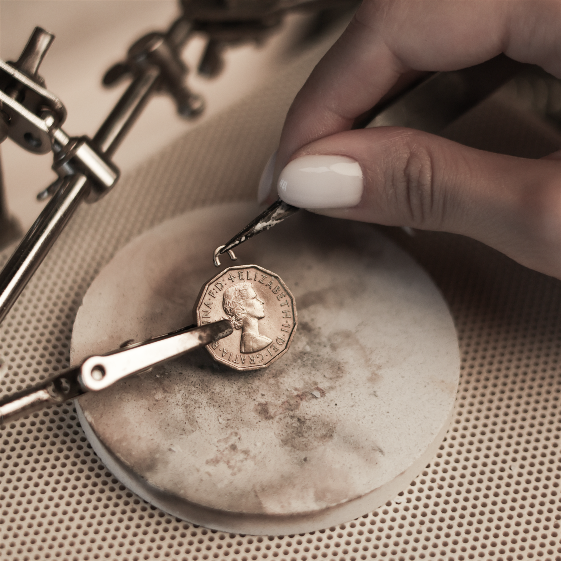 British Coin Necklace | Medallion Pendant Jewelry | Rhodium Plated 3 Pence | Queen Elizabeth II | 1954 - 1970