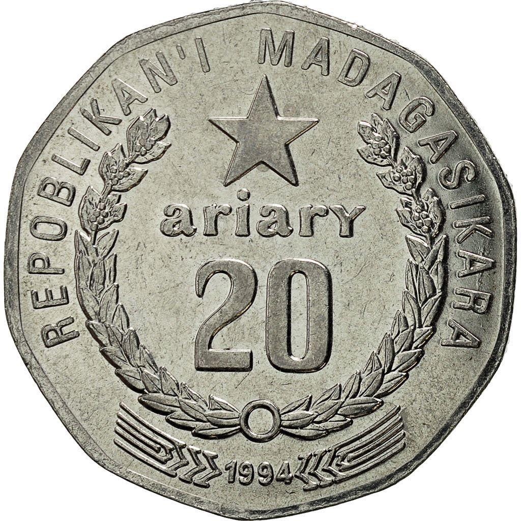 Madagascar | 20 Ariary Coin | Star | Tractor | Farmer | Km:24.1 | 1994
