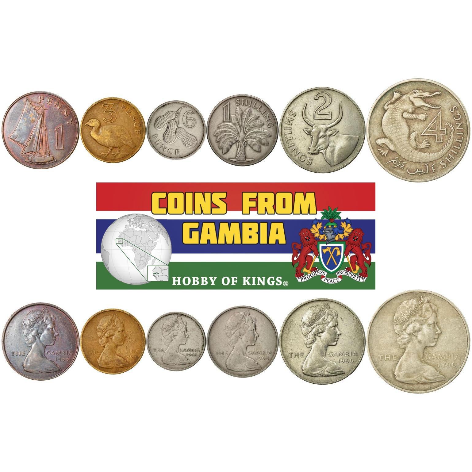 The Gambia | 6 Coin Set | 1 Penny 3 6 Pence 1 Shilling 2 4 Shillings | 1966