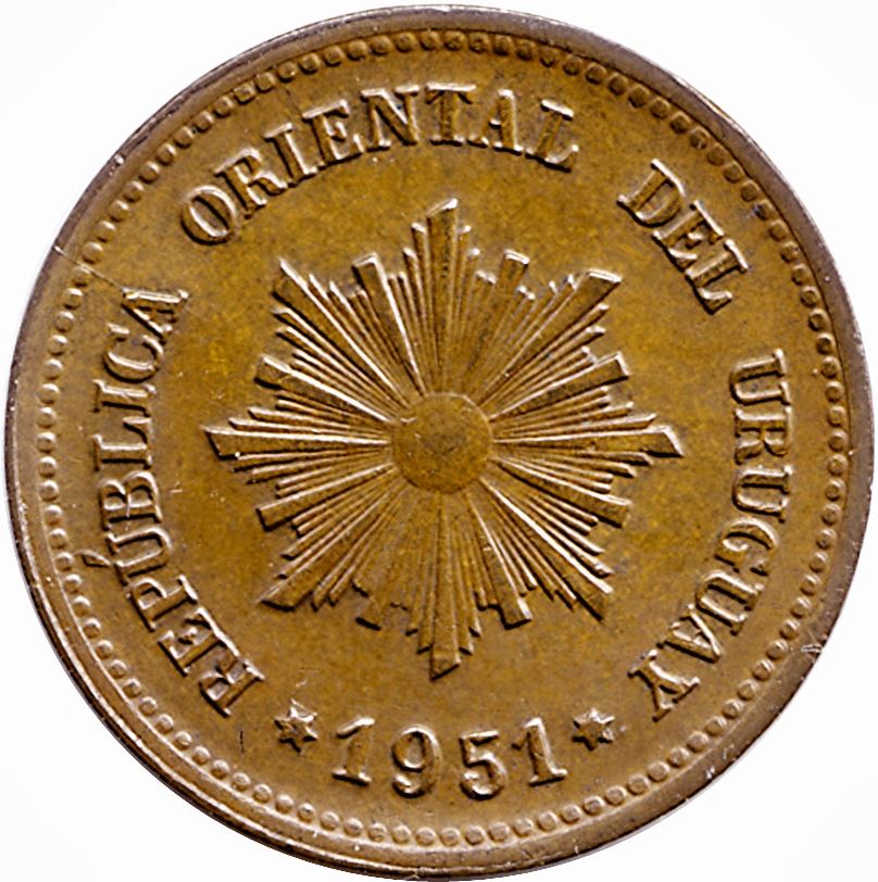 Uruguay 2 Centesimos Coin | Sun | KM20a | 1943 - 1951