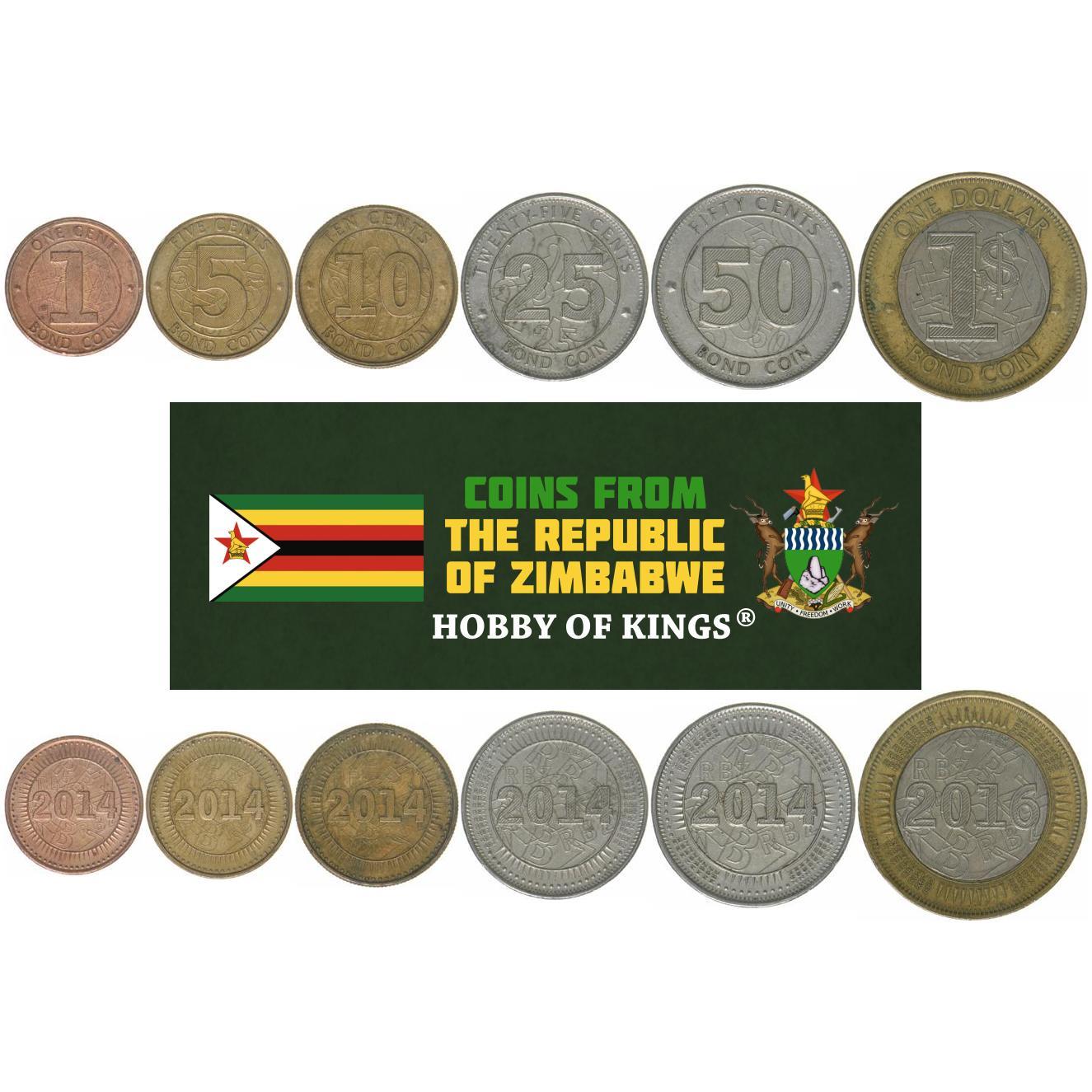 Zimbabwe | 6 Coin Set | 1 Cent 5 10 25 50 Cents 1 Dollar | 2014 - 2017