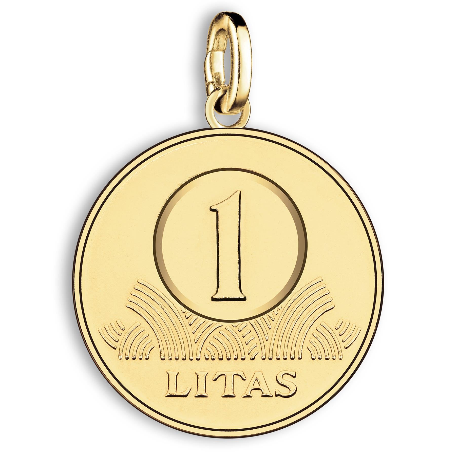 Lithuanian 1 Litas Coin Charm | 925 Sterling Silver 18K Gold Plated | 1998 - 2014