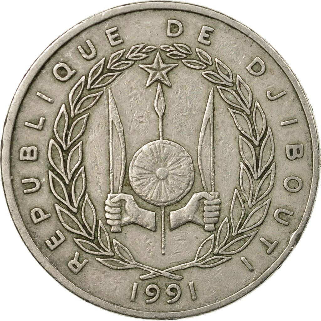 Djibouti | 50 Francs Coin | Knife | Spear | Shield | Dromedary Camels | Km:25 | 1977 - 2017