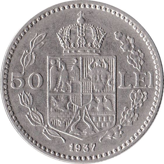 Romania | 50 Lei Coin | King Carol II | KM55 | 1937 - 1938
