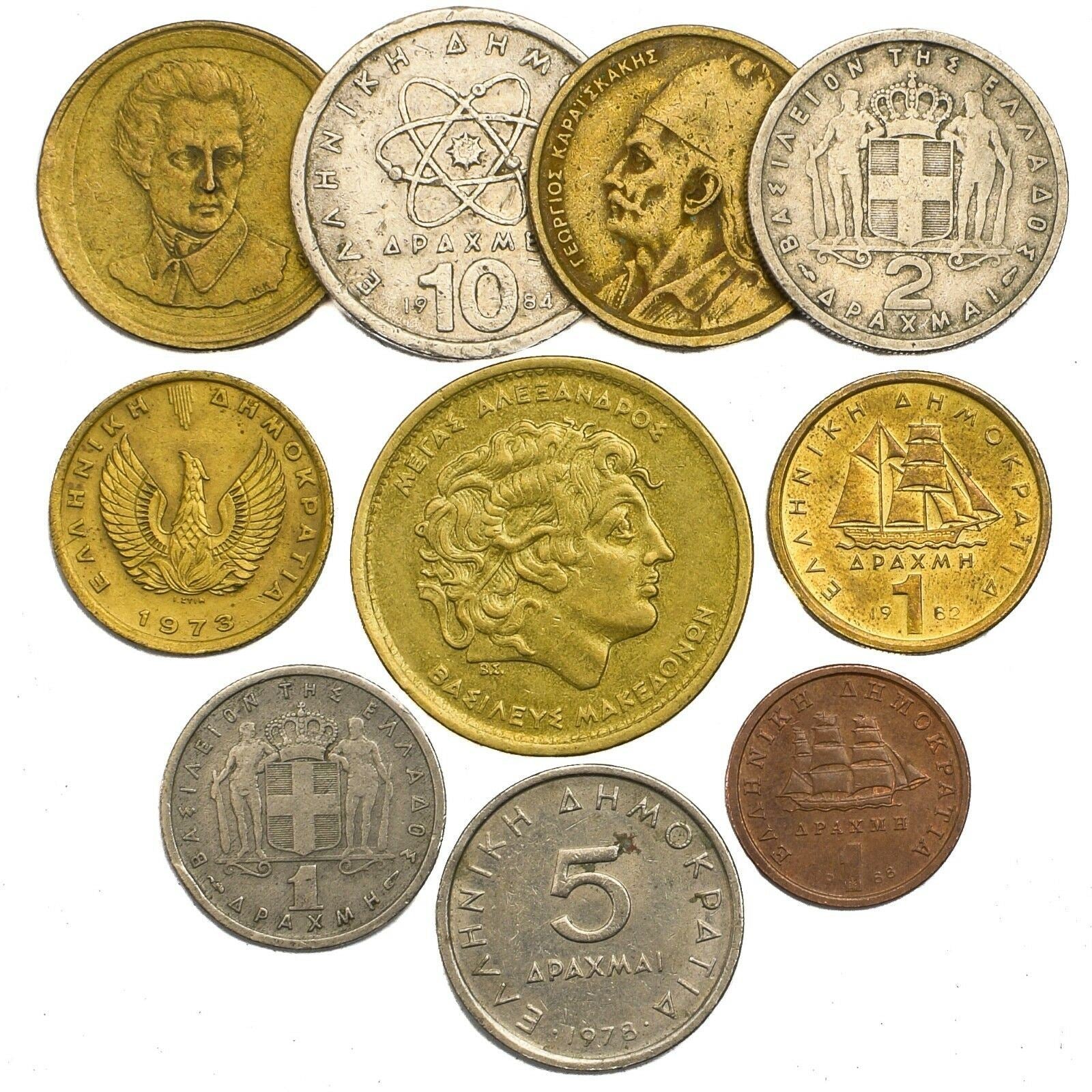 Greek 10 Mixed Coins | Greece | King Paul I | Constantine II | Lepta | Drachmes | 1954 - 2002