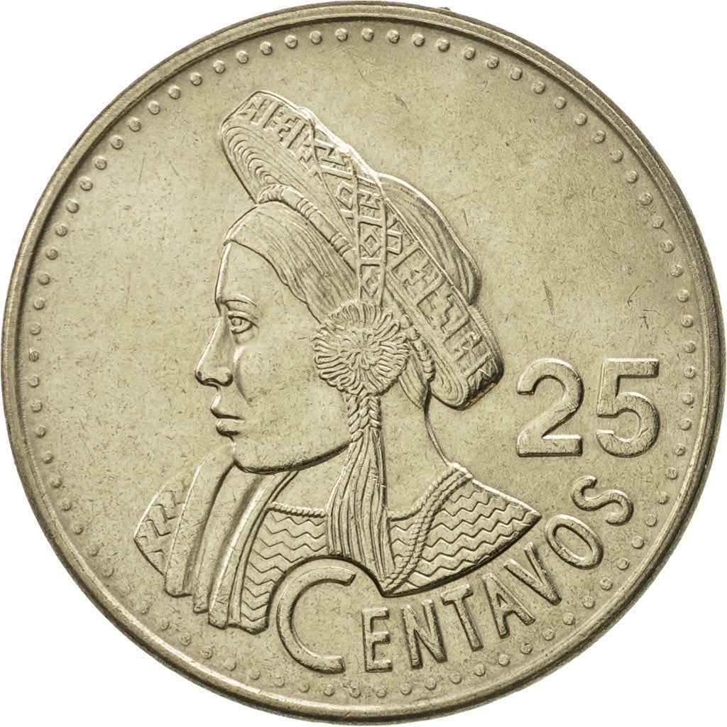 Guatemala | 25 Centavos Coin | Native bust | Km:278 | 1977 - 2000