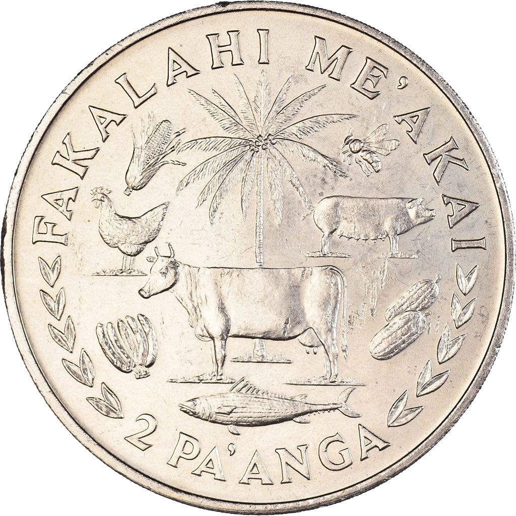 Tonga | 2 Pa'Anga Coin | King Tupou IV | FAO | Fish | Banana | Cow | Chicken | Pig | Palm Tree | Corn | Honey Bee | Watermelon | Km:49 | 1975 - 1977