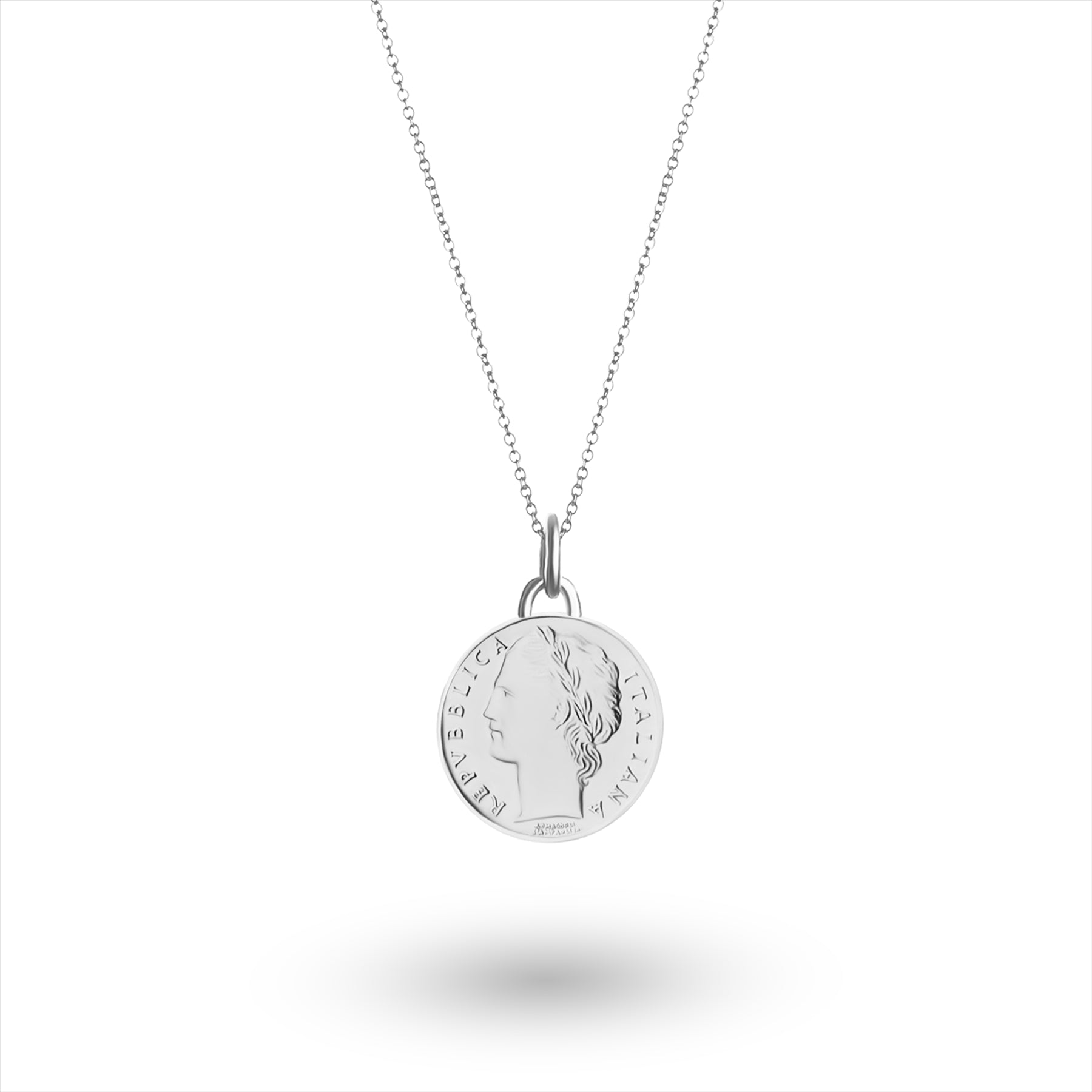 Italian Coin Necklace | Medallion Pendant Jewelry | Rhodium Plated 100 Lira | Goddess Minerva | 1990 - 1992