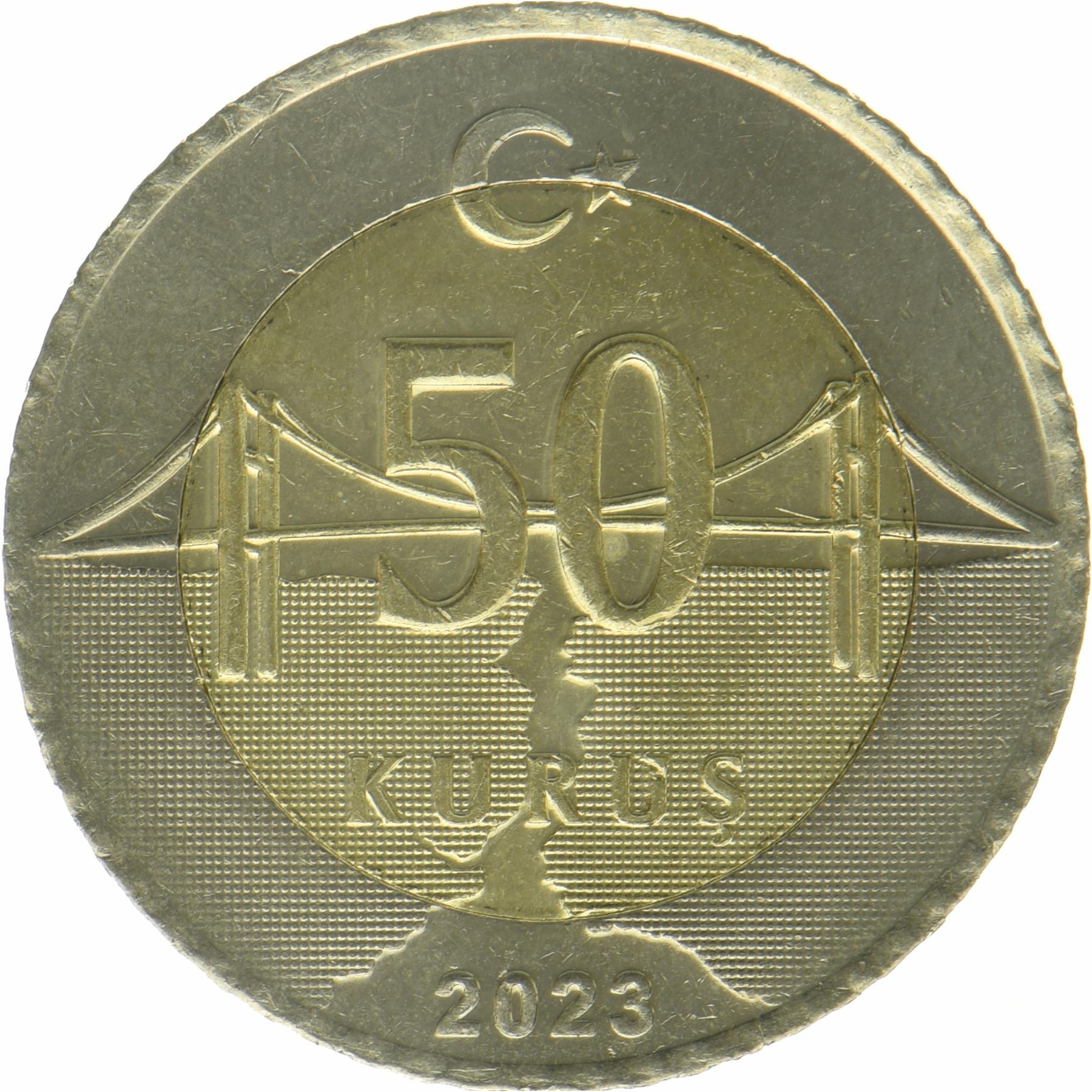 Turkey | 50 Kurus Coin | Mustafa Kemal Atatürk | Crescent Moon | Star | Istanbul Suspension Bridge | KM:1574 | 2023 - 2026
