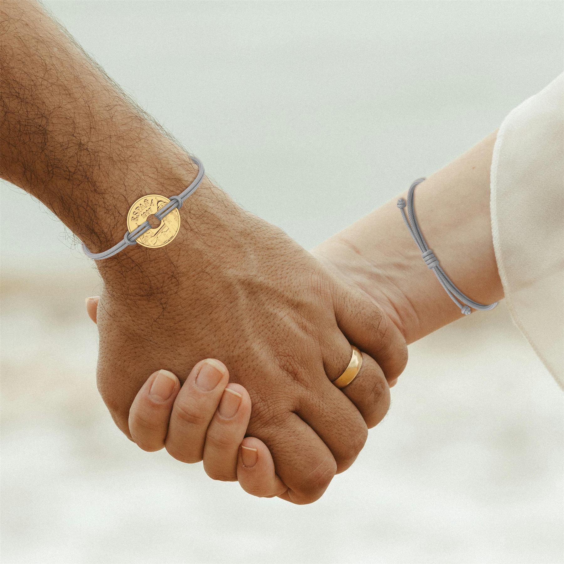 Good Luck Coin Bracelet | Gray String Thread Wristband | Spanish 25 Pesetas 1997 | 18k Gold Plated Fortune Wealth & Protection