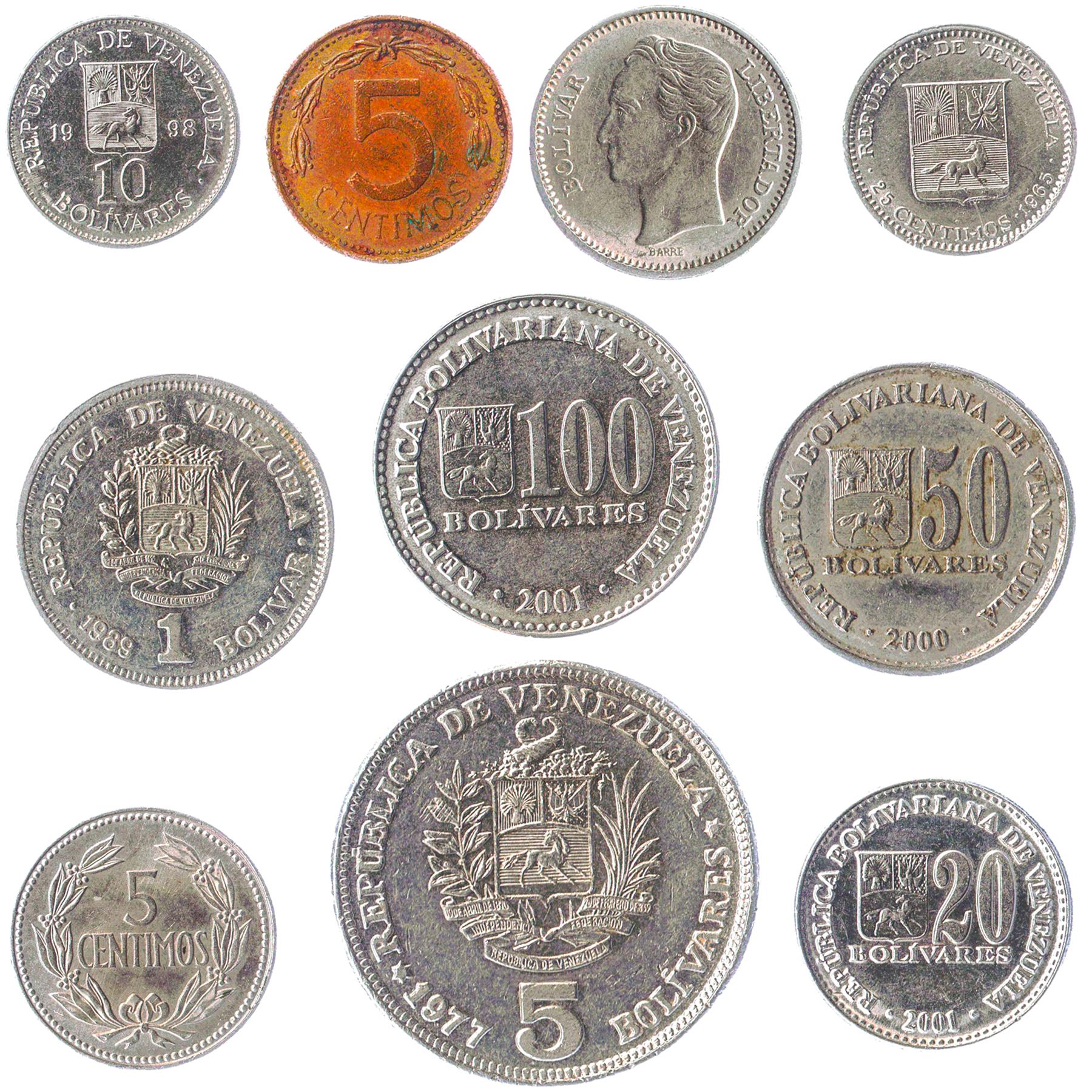 Venezuela 10 Mixed Coins 1 Bolivar |Stars | Waves | Simon Bolivar | 1979 - 2020