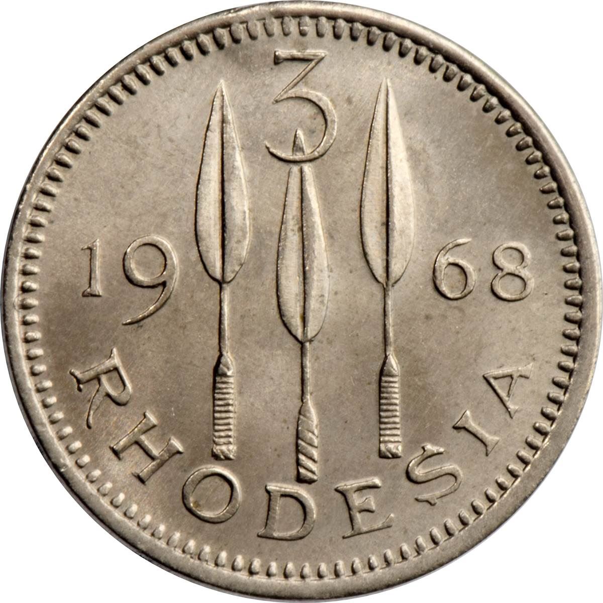 Rhodesia | 3 Pence Coin | Elizabeth II | Lances | KM:8 | 1968