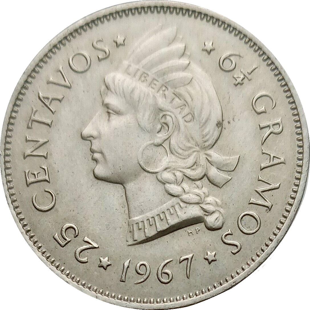 Dominican Republic 25 Centavos Coin | Liberty | KM20a | 1967 - 1974