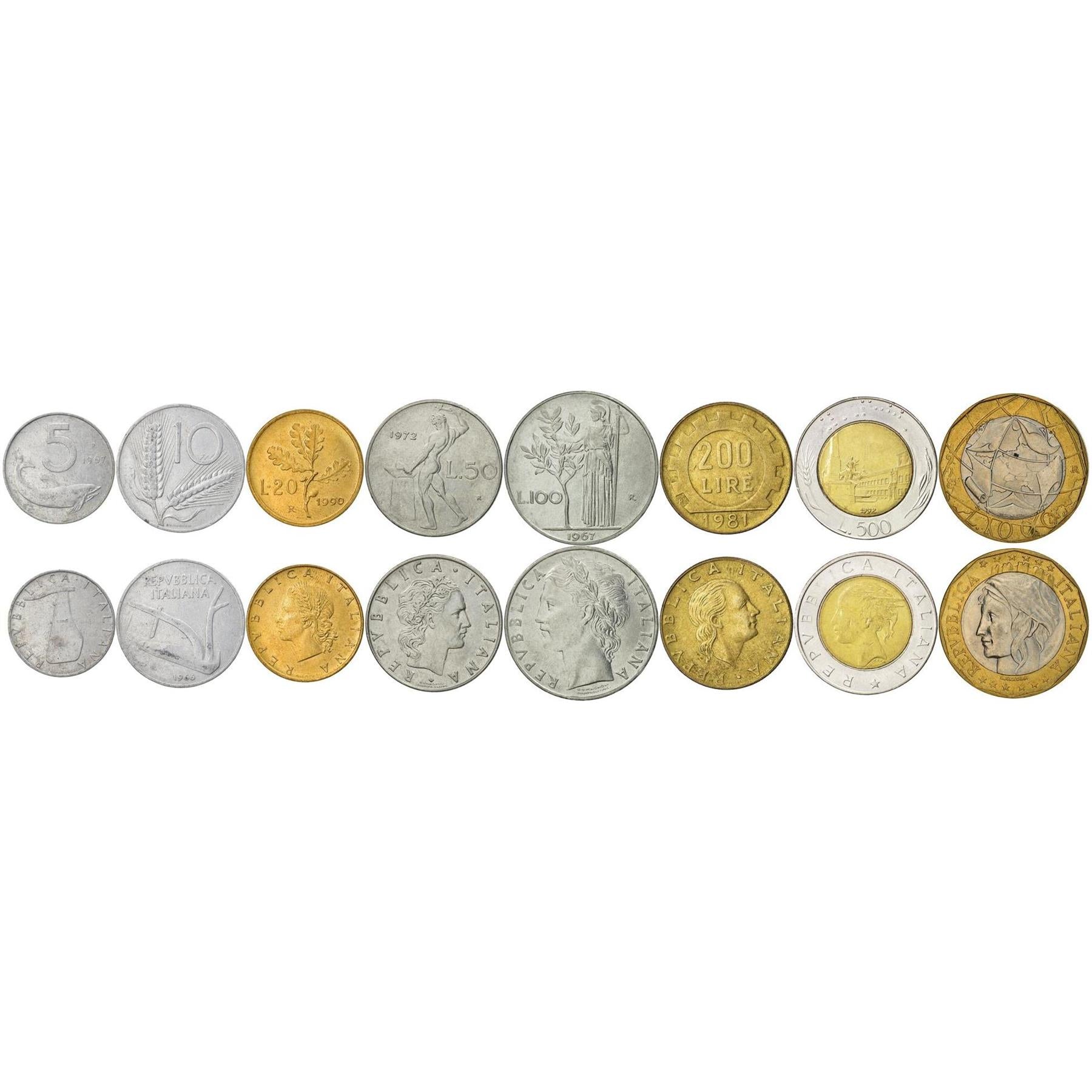 Italy | 8 Coin Set | 5 10 20 50 100 200 500 1000 Lire | 1951 - 2001
