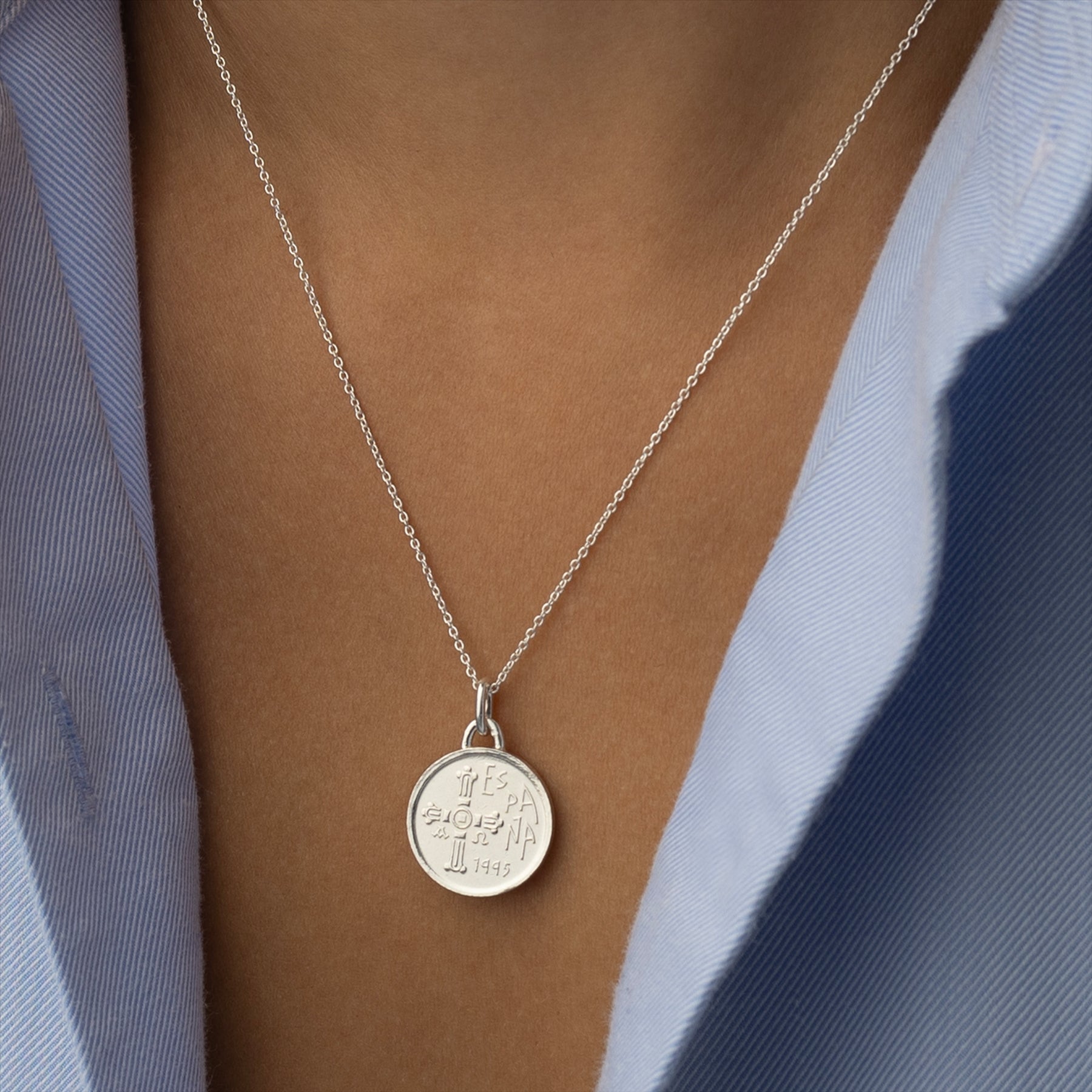 Spanish Coin Necklace | Medallion Pendant Jewelry | Rhodium Plated 5 Pesetas | Asturias | 1995